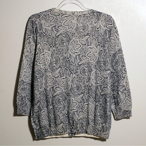 Talbots Navy Cream Paisley 100% Cotton Cardigan Sweater L 3/4 Sleeve Classic NWT - Picture 3 of 5